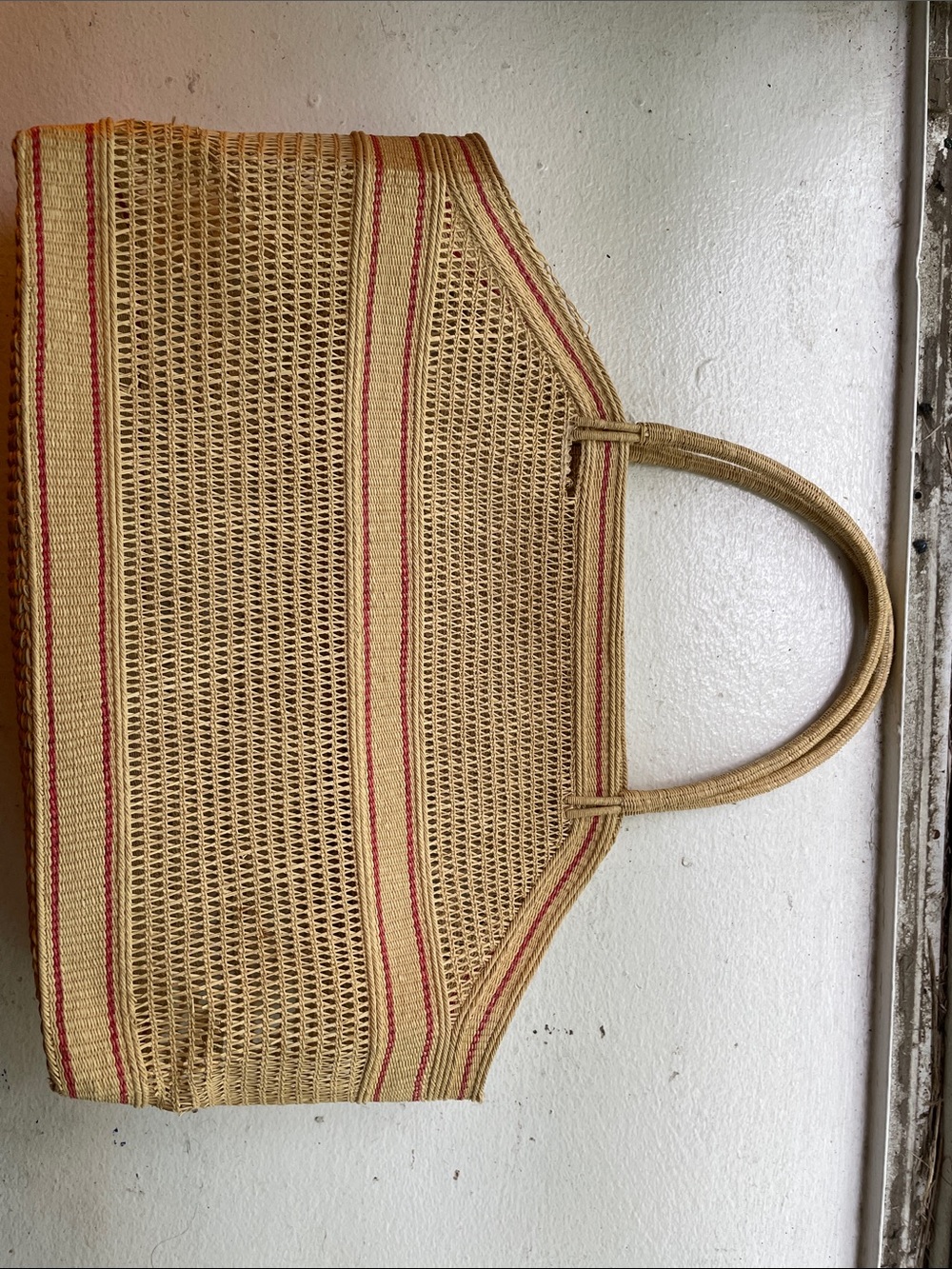 Vintage Woven Straw Tote Bag with Red Stripe